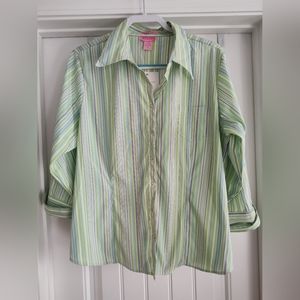 She's Cool snap up green striped blouse shirt NWT
